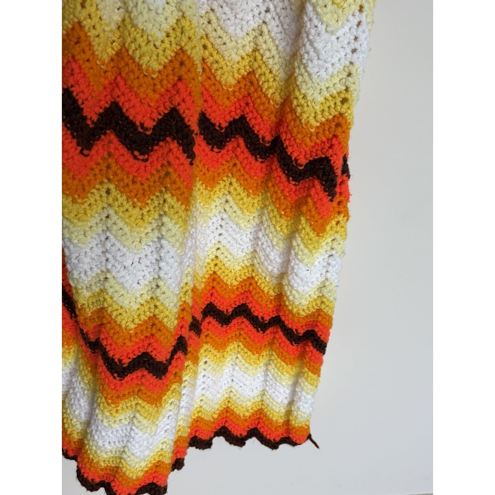 VTG Crochet Throw Blanket Orange Yellow Brown 70s Retro MCM Cottage Core Afghan